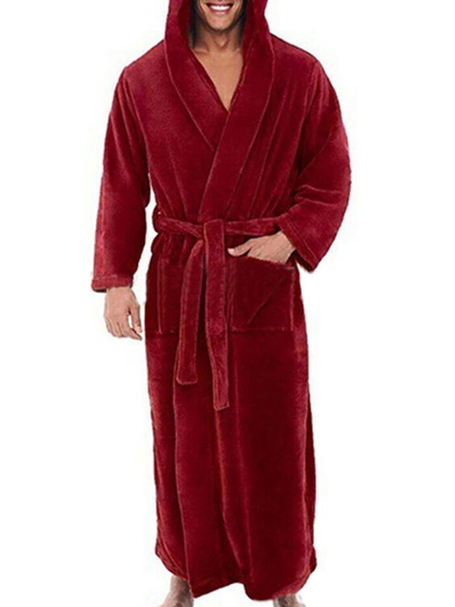 Voguele Mens Dressing Gown Hooded Wrap Robe Long Sleeve Bath Robes Lounge Towelling Soft