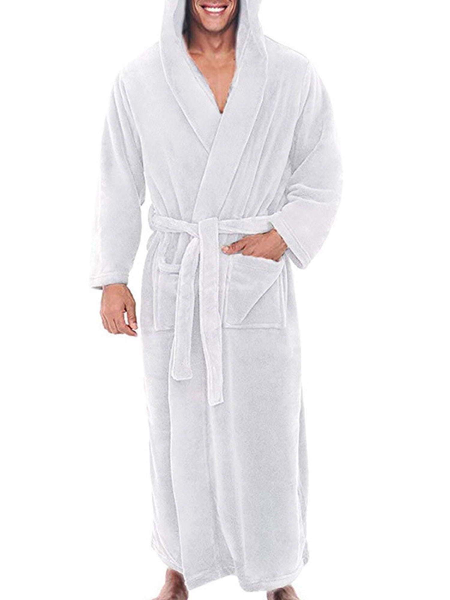 Voguele Mens Dressing Gown Hooded Wrap Robe Long Sleeve Bath Robes Lounge  Towelling Soft Nightwear White 3XL