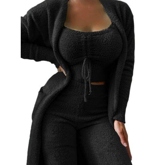 Voguele Women Fuzzy 3 Piece Sweatsuit Wide Leg Lounge Sets Solid Color Cardigan Outfit Set Winter Fleece Nightwear Suit Sleeveless Black M