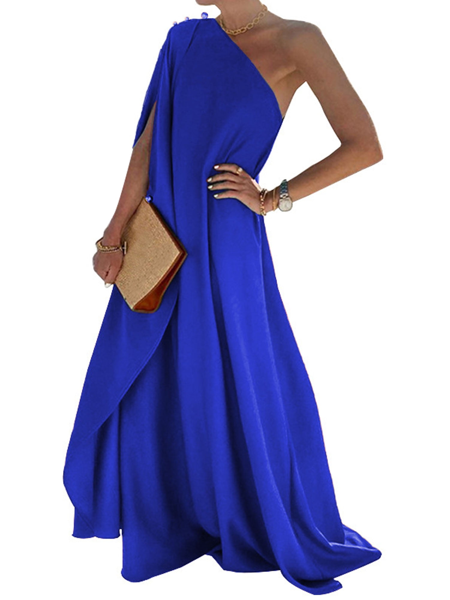 Voguele Women Party Long Dress Solid Color Ball Gown One Shoulder Maxi