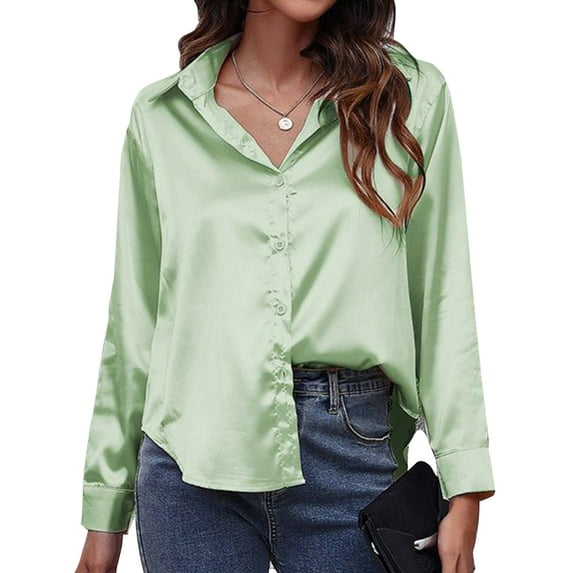 Voguele Women Shirts Long Sleeve Tops Lapel Neck Blouse Holiday Tunic Shirt Single Breasted Light Green L
