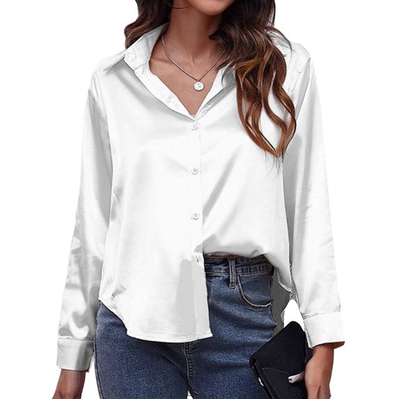 Voguele Women Shirts Long Sleeve Tops Lapel Neck Blouse Holiday Tunic Shirt Single Breasted White 2XL