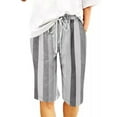 thumbnail image 1 of Voguele Women Summer Bermuda Shorts Knee Length Drawstring Striped Pants Casual Loose Straight Leg Shorts Gray S, 1 of 3
