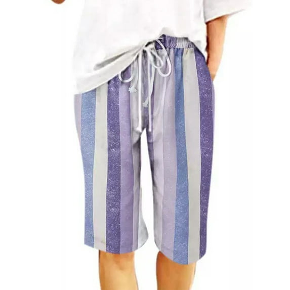 Voguele Women Summer Bermuda Shorts Knee Length Drawstring Striped Pants Casual Loose Straight Leg Shorts Purple 2XL