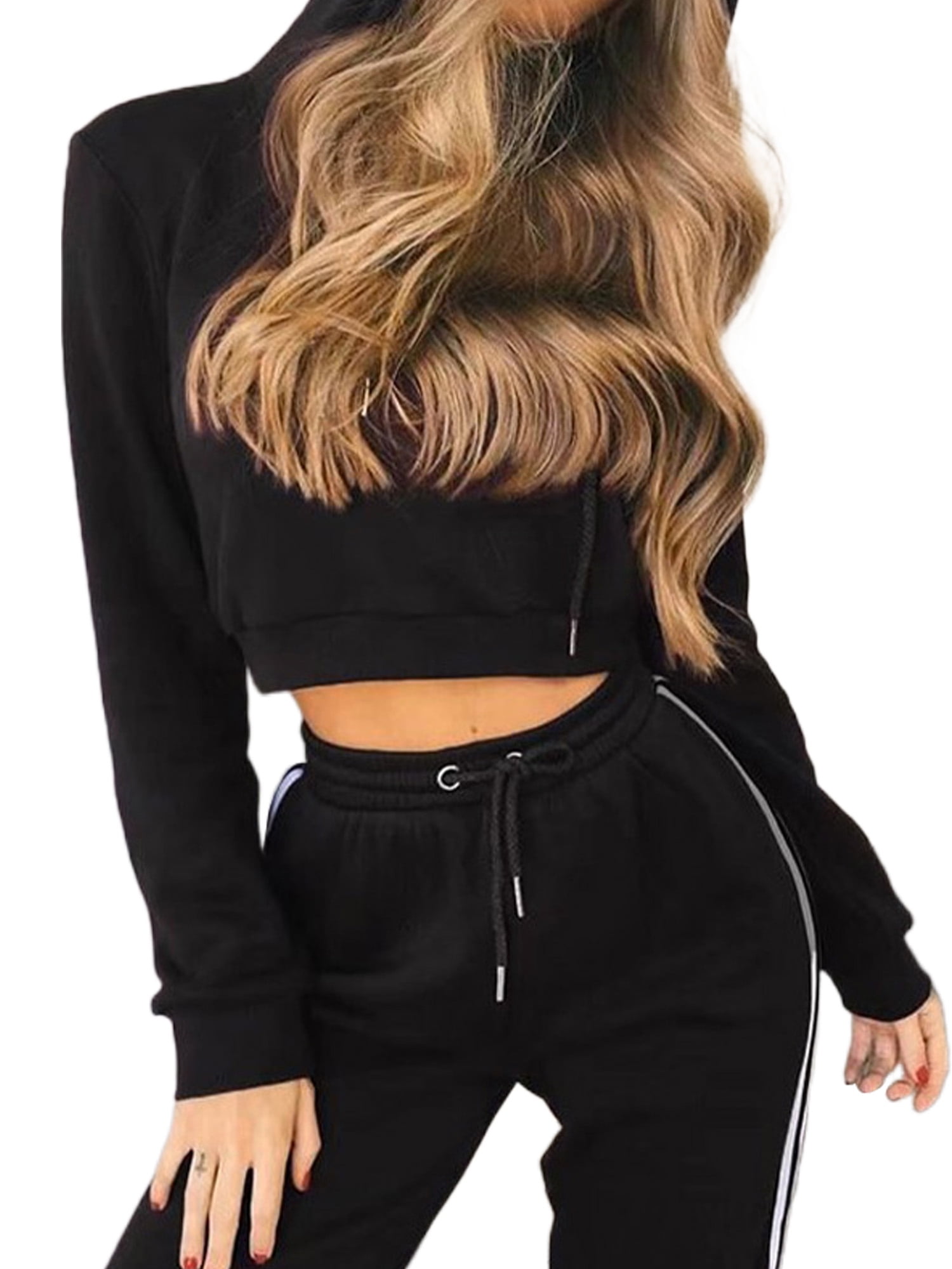 Voguele Women Two Piece Outfit Long Sleeve Jogger Set Cropped Sweatsuits Fitness Hoodies And