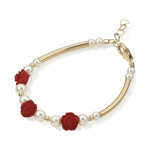 Voguish gold banglet bracelet with red flowers and pearls, perfect gift for baby showers and birthdays (BN10-R)