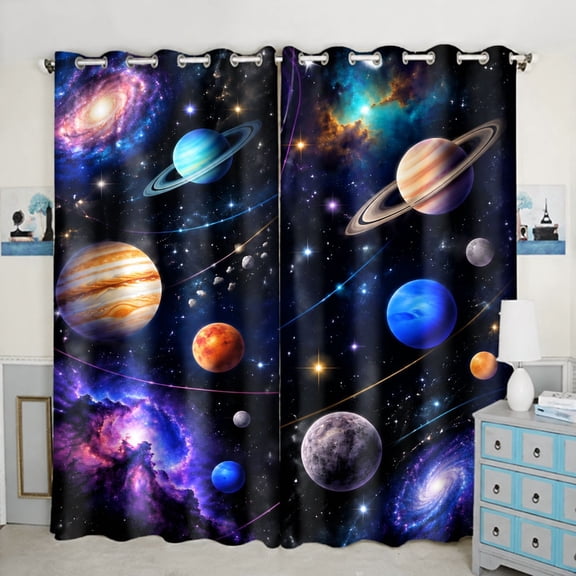 Voguly 100% Blackout Curtains, 30 x 36 in, Space Solar System Galaxy Planet Nebula Star, 2 Panels, Grommet Drapes, Thermal UV Safe