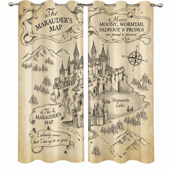 Voguly 100% Blackout Curtains, 30 x 36 in, Wizard Fantasy Castle Map Magic, 2 Panels, Grommet Window Drapes, Thermal, Energy Saving
