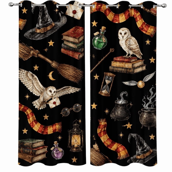 Voguly 100% Blackout Curtains, 52 x 63 in, Wizard Witch Magic Owl Broom Potion, 2 Panels, Grommet Window Drapes, Thermal Insulated