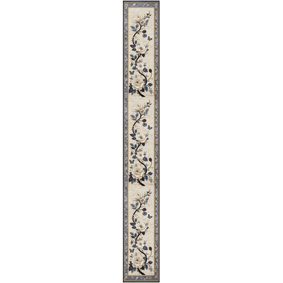 Voguly 14x108 Inch White Floral Table Runner, Quilted Botanical Farmhouse Table Decor with Rose and Butterfly Design, Vintage French Country Dining Room Kitchen Decoration