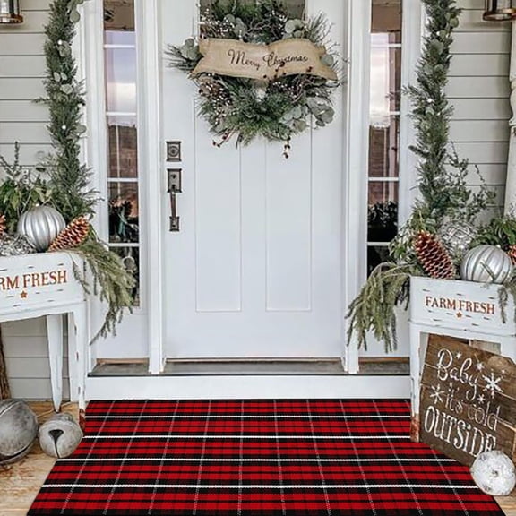 Voguly 2'4" x 3'7" Red Black Christmas Plaid Rug, Cotton Woven Outdoor Mat, Machine Washable, Farmhouse Front Porch Entryway Layering Door Mat