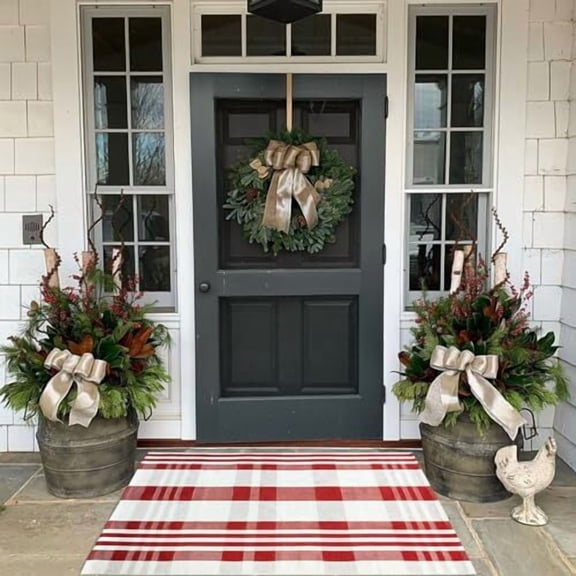 Voguly 2'4" x 3'7" Red White Christmas Plaid Outdoor Rug, Woven Layering Mat, Machine Washable, Farmhouse Front Porch Entryway Door Mat