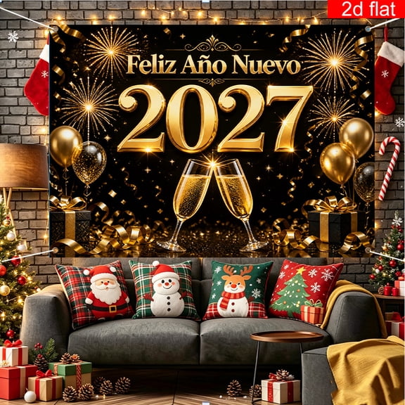 Voguly 2027 Feliz Ano Nuevo Backdrop, 3 x 5 ft, Black Gold Fireworks Champagne Sparkle, 1 Pack, Spanish New Year Eve Photo Background