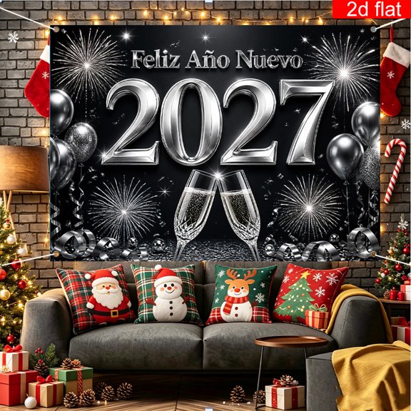 Voguly 2027 Feliz Ano Nuevo Backdrop, 3 x 5 ft, Black Silver, Fireworks Champagne Glasses, 1 Pack, Spanish New Year Eve Background