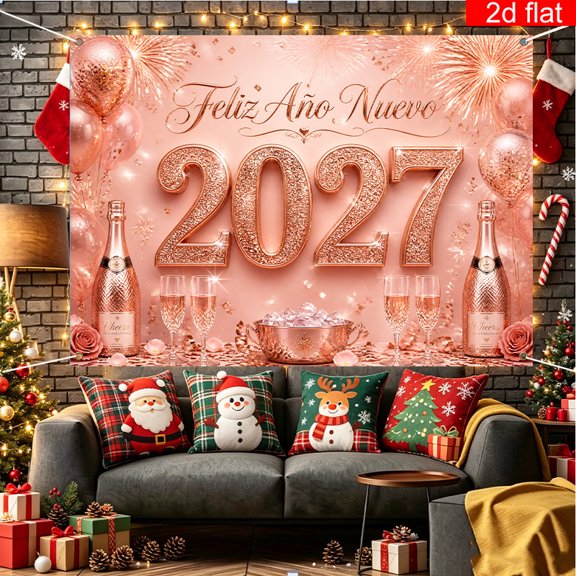 Voguly 2027 Feliz Ano Nuevo Backdrop, 3 x 5 ft, Rose Gold, Glitter Fireworks Champagne Balloons, 1 Pack, Spanish New Year Eve Decor