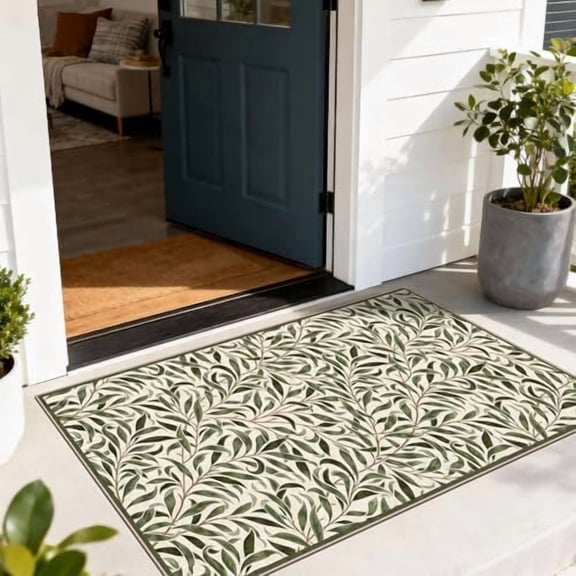 Voguly 28" x 43" Boho Sage Green Leaf Outdoor Rug, Non Slip Washable Front Door Mat, Indoor Outside Entryway Kitchen Bedroom Layered Doormat