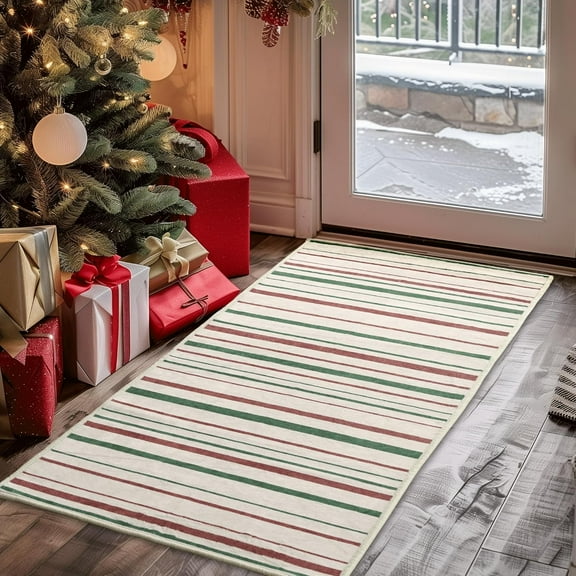 Voguly 2x3 Ft Christmas Runner Rug, Red Green Stripe, Washable Low Pile, Non Slip Pet Friendly Faux Wool, Non Shedding for Hallway Kitchen Laundry