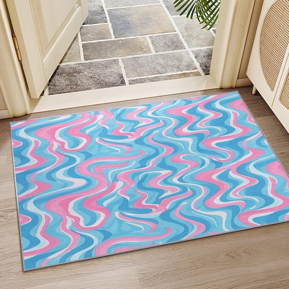 Voguly 2x3 Wavy Rug, Abstract Wave Swirl Psychedelic Area Rug, Blue Pink Carpet, Washable Non Slip Soft, Large Home Decor Gifts