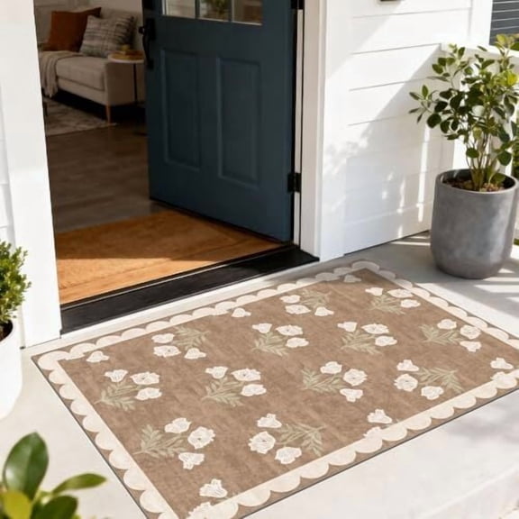 Voguly 2x3 ft Floral Outdoor Rug, Boho Neutral Farmhouse Mat, Non Slip Washable, Indoor Outside Entryway Kitchen Front Porch Decor, Durable
