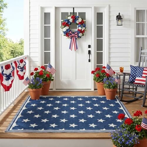 Voguly 2x3ft Patriotic Outdoor Rug, Reversible Blue with White Stars, Waterproof Polyester, RV Patio Deck Mat, Camping, 4th of July Decor, Indoor Outdoor Use