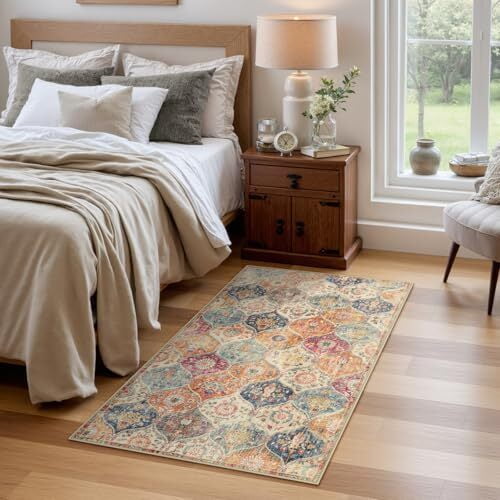 Voguly 2x4 Non Slip Washable Kitchen Rug, Moroccan Trellis Ultra-Thin Door Mat, Entryway Bathroom Bedroom Small Carpet, Cream Multi