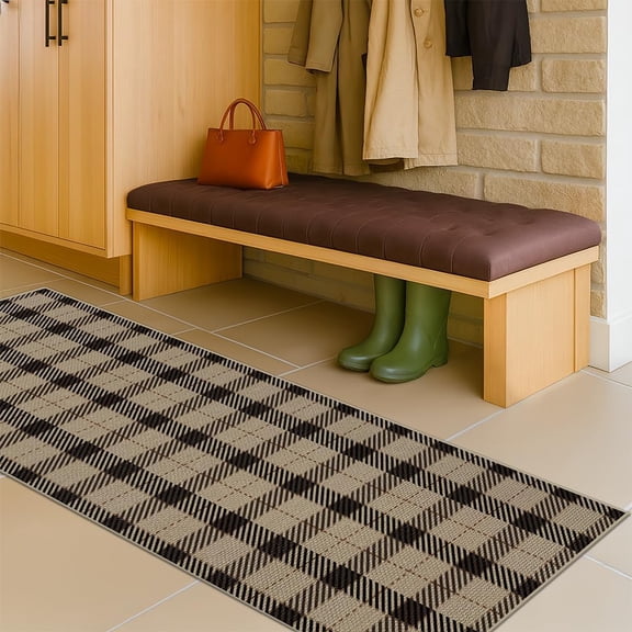 Voguly 2x6 Black Tan Plaid Rug, Washable Crystal Velvet Non Slip TPR Mat, Indoor Outdoor Carpet for Front Porch, Entryway, Patio, Kitchen
