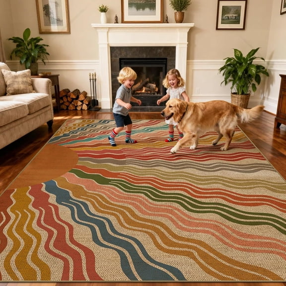 Voguly 2x6 Washable Rug, Rainbow Sun Modern Boho Area Rug, Indoor Outdoor Patio Non Slip Mat, Thin Carpet for Living Room Kids Nursery