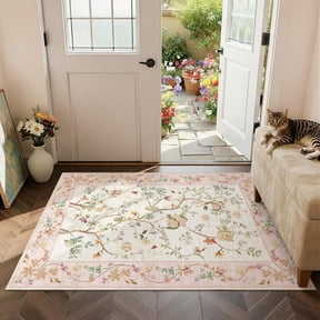 Voguly 3x5 Pink Floral Rug, Washable Non-Slip Soft Low Pile, Lightweight Boho Carpet for Bedroom, Bathroom, Office, Living Room