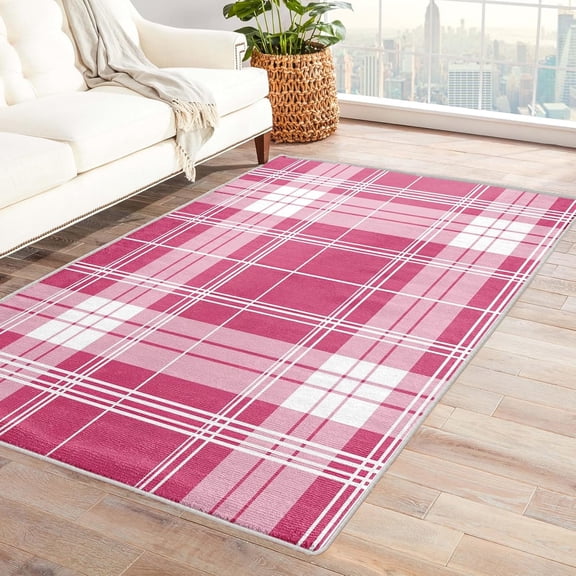 Voguly 3x5 Pink White Plaid Rug Washable Non Slip Soft Area Rug Front Door Mat Indoor Entryway Gingham Check Home Decor
