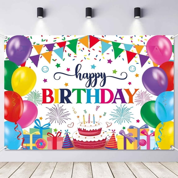 Voguly 3x5ft Happy Birthday Backdrop Banner, Colorful Rainbow Balloons Birthday Party Supplies for Kids Boys Girls, Large Photography Background Wall Decor for Photo Booth