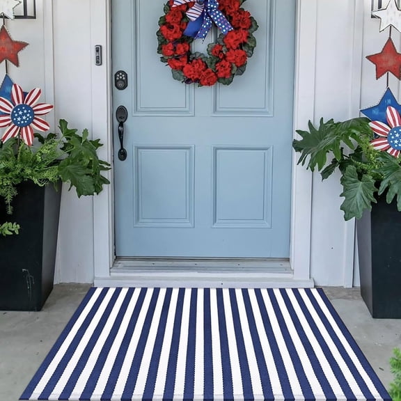 Voguly 4th of July Door Mat 3' x 5', Blue White Striped Rug, Summer Independence Day Welcome Mat, Farmhouse Front Porch Carpet, Outdoor Entrance Decor