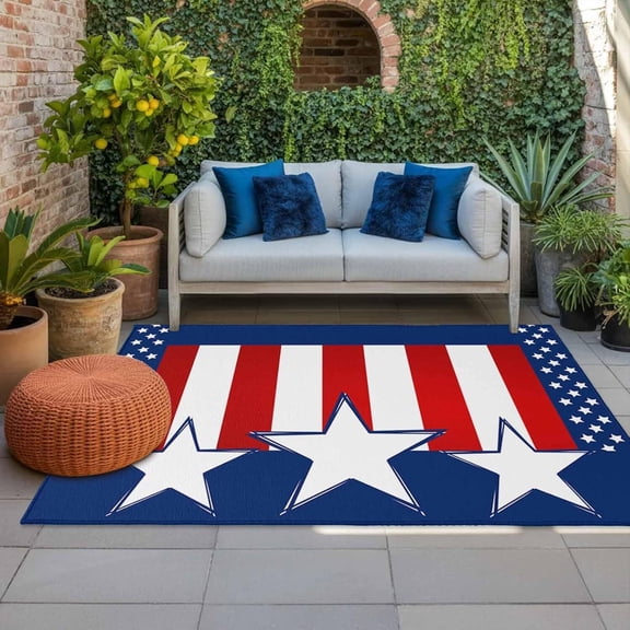 Voguly 4th of July Outdoor Rug 2x3ft, Patriotic Red White Blue Stars Stripes, Non-Slip Backyard Deck Porch RV Front Door Mat, Indoor Outdoor Floor Carpet
