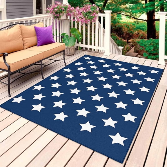 Voguly 4th of July Outdoor Rug 5x7ft, Patriotic Stars and Stripes Non-Slip Backyard Camping RV Deck Porch Floor Mat, Blue White Freedom Star Front Door Carpet, Indoor Outdoor