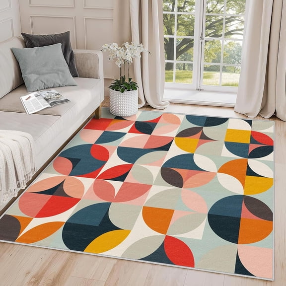 Voguly 4x6 Geometric Rug, Retro Abstract Colorful Mid-Century Modern Area Rug, Washable Non Slip Soft Large Rugs, Home Decor Gifts