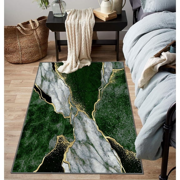 Voguly 5'x7' Abstract Area Rug, Green Gray Marble Golden Pattern, Machine Washable Non-Slip, Modern Home Decor Carpet for Living Room Bedroom Laundry Classroom