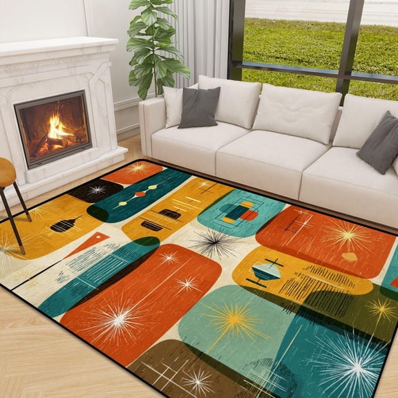 Voguly 5'x7' Washable Area Rug, Retro Atomic Seamless Mid Century Modern, Non-Slip Backing, Living Room, Bedroom, Dining Table, Soft High Traffic