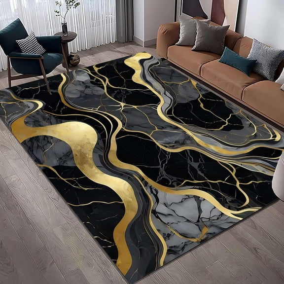 Voguly 5x6ft Black Gold Area Rug, Modern Abstract Marble Design, Grey Textured Pattern, Non Shedding Easy Care, Durable for High Traffic Living Room