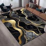 Voguly 5x6ft Black Gold Area Rug, Modern Abstract Marble Design, Grey Textured Pattern, Non Shedding Easy Care, Durable for High Traffic Living Room