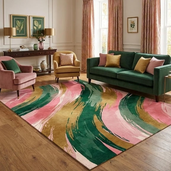 Voguly 5x7 Area Rugs, Boho Pink Green Gold Modern Abstract Brushstroke Gradient, Washable Non-Slip Backing, Living Room Bedroom Leisure Area Decor