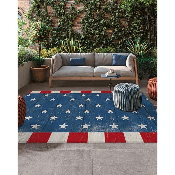 Voguly 5x7 Outdoor Area Rug, Americana Star Stripes, Red White Blue, Non-Slip, Washable, Patio, Deck, Porch, RV, Camping Mat