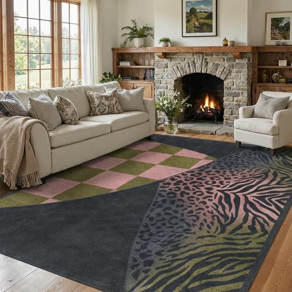 Voguly 5x7 Retro Patchwork Area Rug, Pink Olive Green Checkerboard Animal Print, Soft Non-Slip Machine Washable, Living Room Bedroom Kids Room Decor