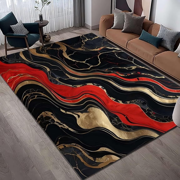 Voguly 5x7 ft Black Red Marble Area Rug, Modern Gold Stone Pattern, Soft Non Slip Carpet for Home Decor, Washable Living Room Bedroom Mat