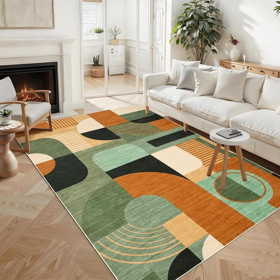 Voguly 6'x9' Washable Rug, Boho Geometric Soft Low Pile Non-Slip Indoor Mat, Burgundy Brown Multi, for Bedroom, Living Room, Entryway, Playroom, Dorm