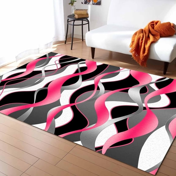 Voguly Area Rug 2'7'' x 5', Pink Black Grey Moire Geometric Abstract, Non-Skid Rubber Backing Indoor Floor Mat for Living Room Bedroom Home Office