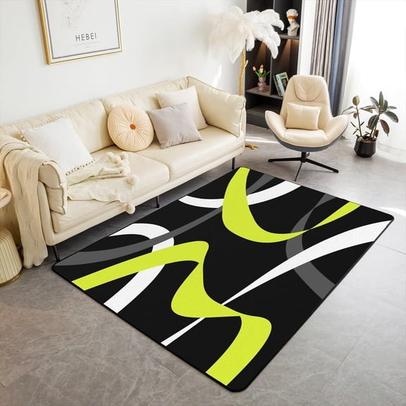 Voguly Area Rug 4'11" x 3'3", Abstract Black Lime Green Grey White Striped, Geometric Swirl Carpet for Boys Teen Men, Modern Indoor Floor Mat Room Decor