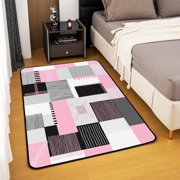 Voguly Area Rug 4'11" x 3'3", Pink Grey Black White Abstract, Geometric Grids Checkered Floor Mat for Girls Kids Teen Women, Modern Indoor Carpet Room Decor