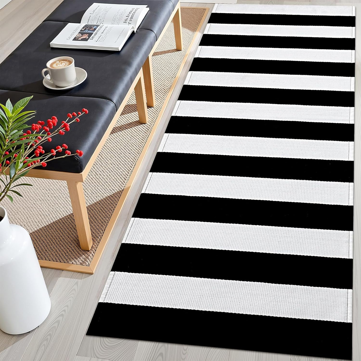 Voguly Black White Striped Rug 2'x 6', Washable Cotton, Indoor Outdoor Doormat for Front Door Entryway Kitchen Porch Patio, 24x36 Inch