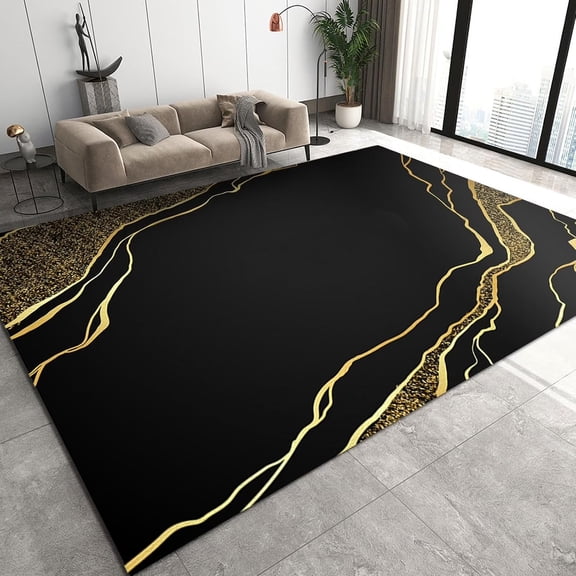 Voguly Black and Gold Area Rug 5x7, Abstract Marble Pattern, Machine Washable Non Slip Carpet for Bedroom, Living Room, Dorm, Anti Skid Floor Mat