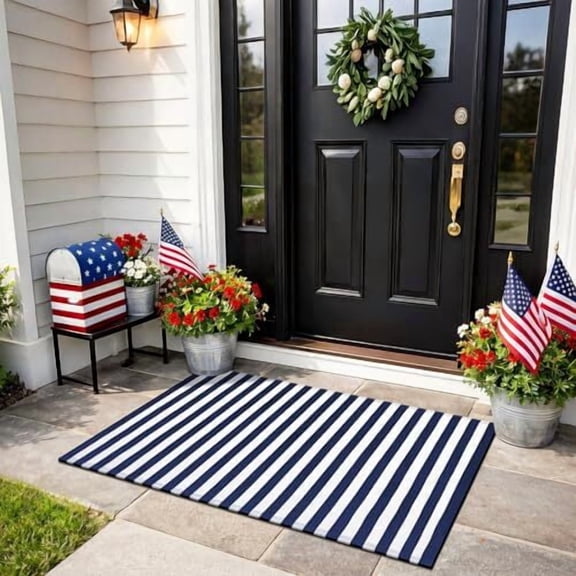 Voguly Blue White Striped Outdoor Rug 2x6ft, Memorial Day Patriotic Door Mat, Welcome Front Porch Entryway, Rustic Washable Farmhouse Layering Carpet