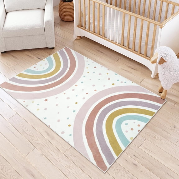 Voguly Boho Rainbow Rug 4x6, Washable Soft Area Rug for Girls Bedroom Nursery, Non-Slip Kids Carpet for Playroom Classroom Tent Castle Decor